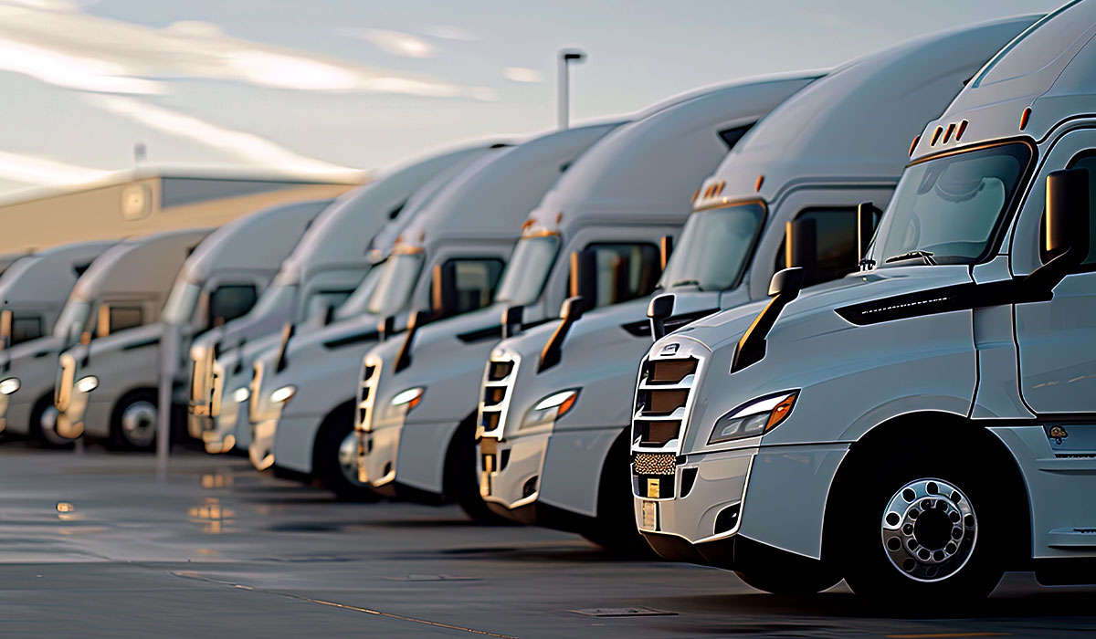 Row of white sleeper semi trucks