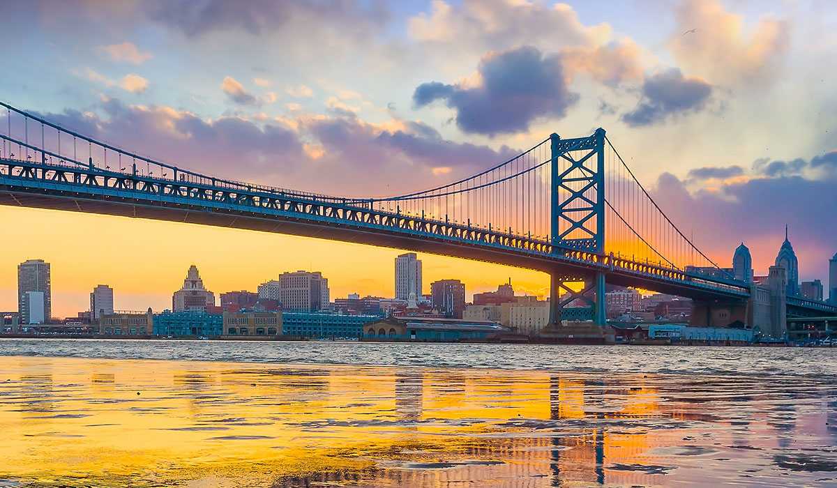 Ben Franklin Bridge at sunset.