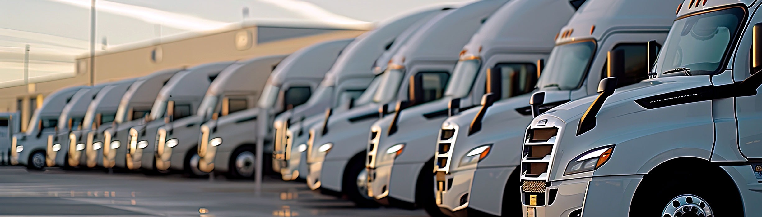 Row of white sleeper semi trucks